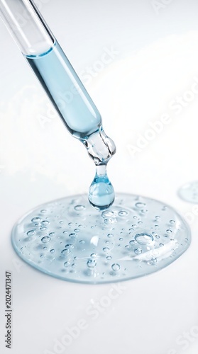 A glass dropper dispensing a blue liquid serum onto a white surface, showing a single drop falling and a puddle with bubbles.