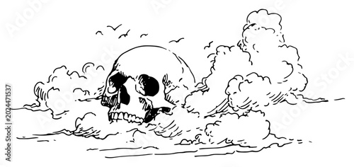 Tableau sur toile Human skull among thick fluffy clouds representing death or afterlife ink sketch