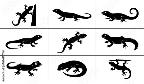 Canvas Print Lizard Gecko and Salamander Black Silhouette Vector Illustration Collection