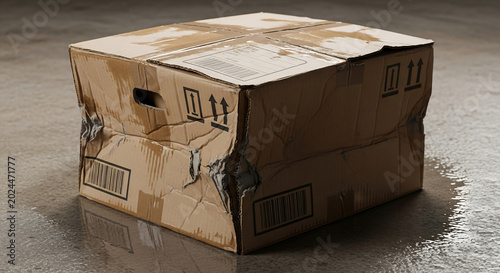 A severely damaged and waterlogged cardboard shipping box lies on a wet concrete floor, indicating mishandling or an accident.