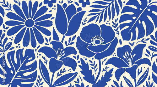 Photos Blue and white floral seamless pattern background, vintage porcelain style tropi