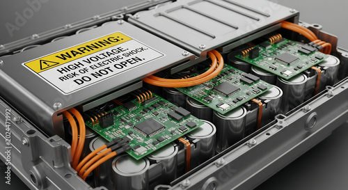 Close-up view of an open high-voltage battery pack with cylindrical cells, circuit boards, and orange wiring, featuring a warning label.