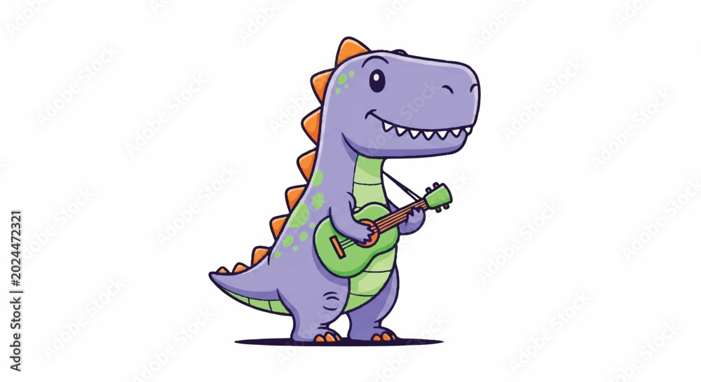 Fototapeta premium Cute cartoon dinosaur playing guitar illustration.