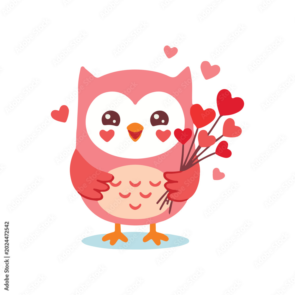 Fototapeta premium Cute Pink Owl Holding Heart Bouquet, Kawaii Bird Valentine Day Vector Illustration for Love and Romance