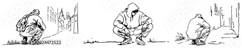 Fotografi Person in hoodie squatting in urban city street in expressive ink sketch style