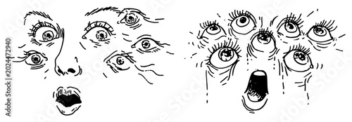 Photos Surreal faces with multiple eyes and shocked expressions in metaphorical ink dra