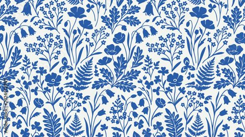Foto Blue and white floral seamless pattern background, vintage porcelain style wildf