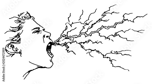 Foto Person profile shouting lightning and electric sparks in metaphorical ink drawin