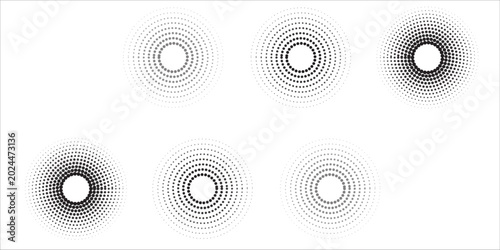 Black concentric circle set. Sonar or sound wave ring collection. Dotted and linear epicentre, target, radar icon concept. Ripple radial signal or vibration elements. Vector line and halftone symbols