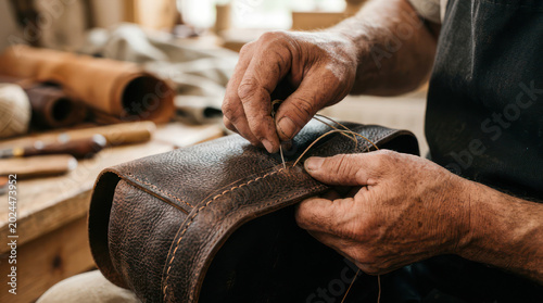 Closeup of a cobblers hands stitching a leather shoe with precision.