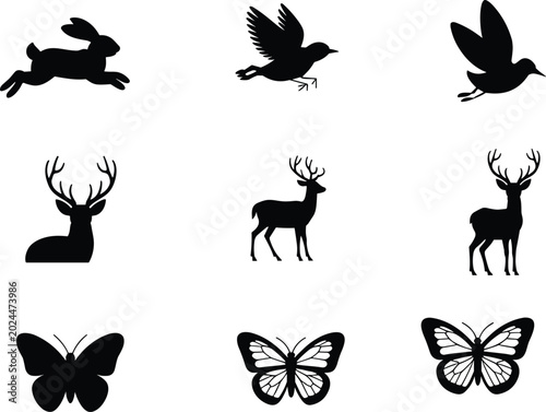 Fotografía wildlife animal silhouette set, deer rabbit bird butterfly icons, forest nature