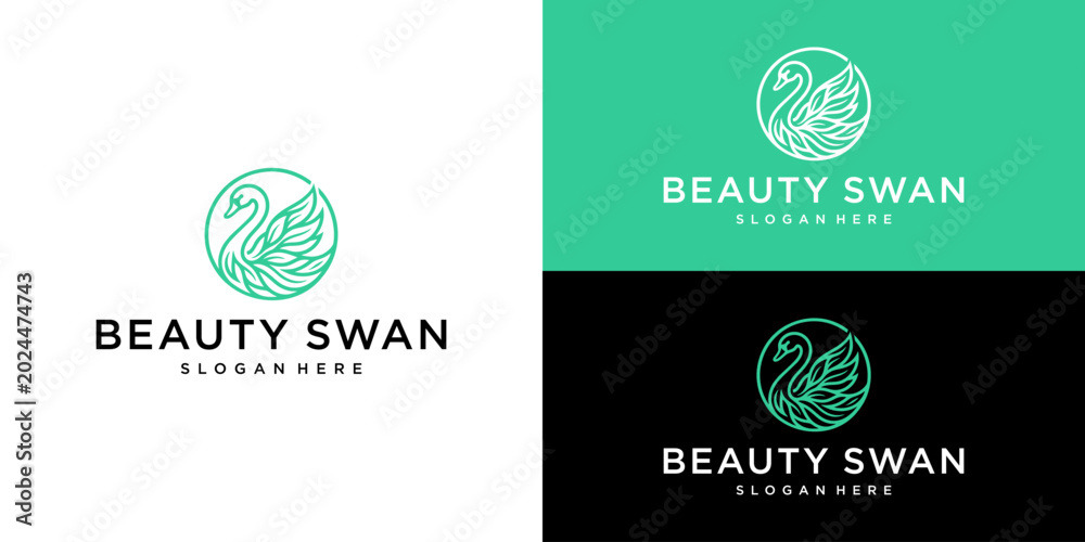 Ταπετσαρία Beauty Swan Logo Template: Elegant Circular Green Swan with Ornate Leaf Wings Li