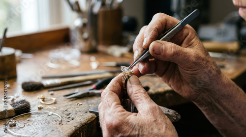 Closeup of jeweler crafting jewelry with precision tools in workshop.
