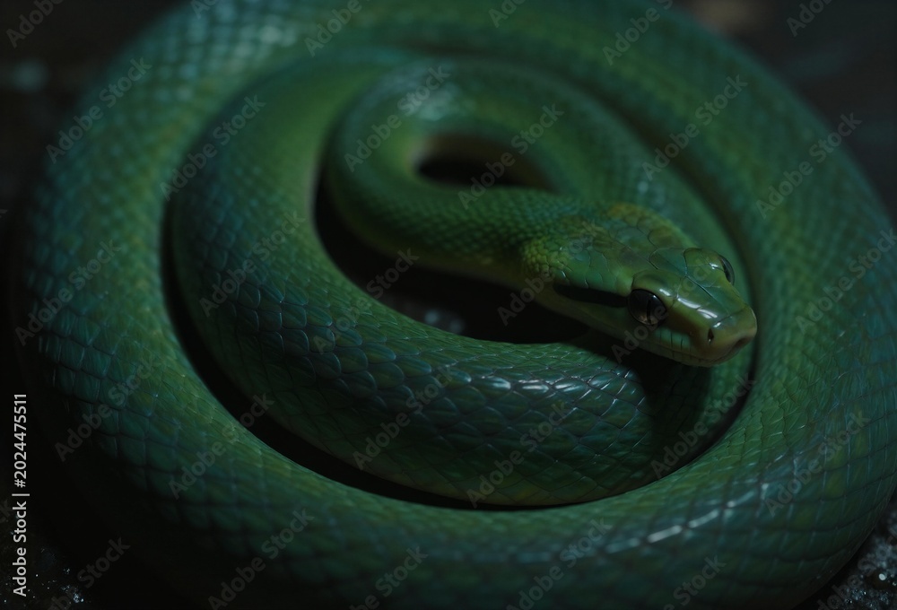 Fototapeta premium A coiled green snake with glossy scales rests in dim, shadowy surroundings, its head slightly raised and eyes alert.