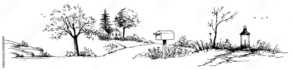 Fototapeta premium Countryside landscape with mailbox and rural path leading to a cottage house in hand drawn sketch style