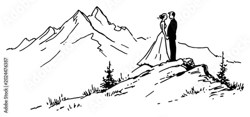 Foto Bride and groom standing on mountain top peak in sketchy line art style