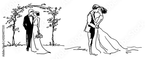 Foto Wedding couple bride and groom celebrating under floral arch hand drawn sketch s