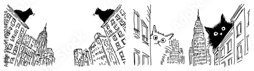 Schilderij op canvas Giant cats peeking behind city skyscrapers in surrealistic black and white hand