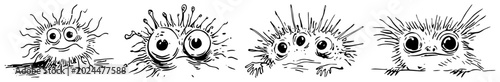 Foto Fuzzy monsters with big eyes looking over edge in minimalist sketch style