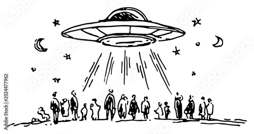 Valokuva Flying saucer UFO hovering over group of people in night sky hand drawn sketch