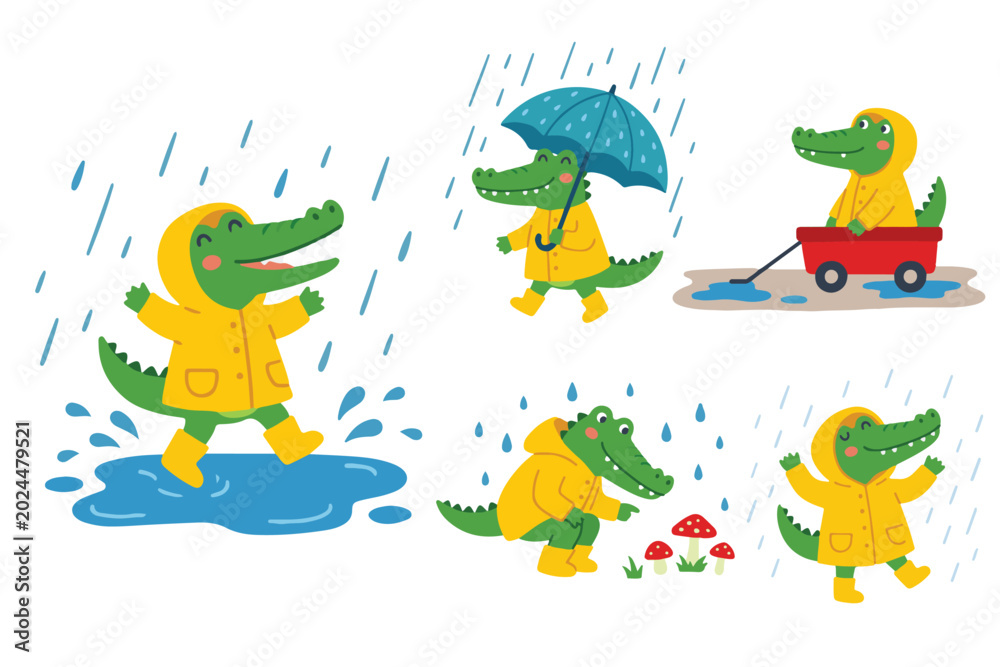 Obraz premium Cute Crocodile Playing in the Rain Clipart Set, Kids Rainy Season Vector Bundle