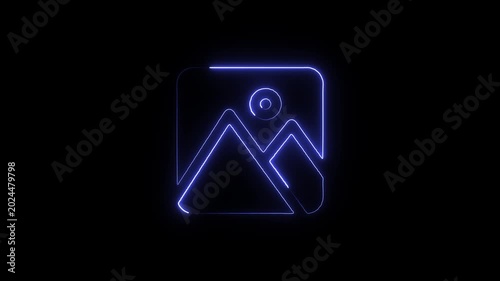 Neon blue glowing photo icon on dark background with mountains