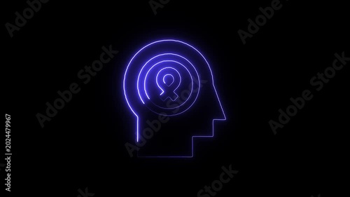 Glowing blue neon head with female symbol in brain