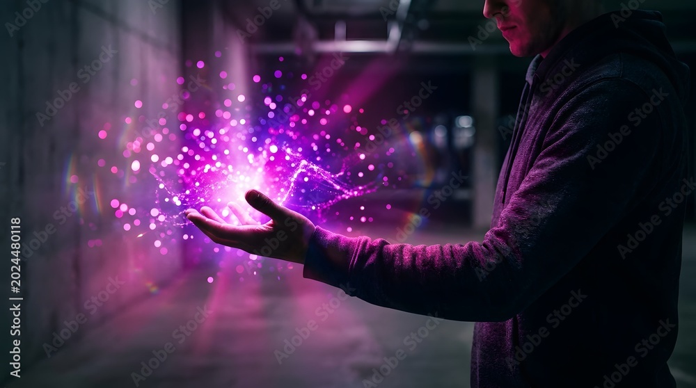 Fototapeta premium Person holding glowing purple energy or magic effect