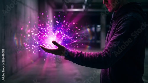 Person holding glowing purple energy or magic effect