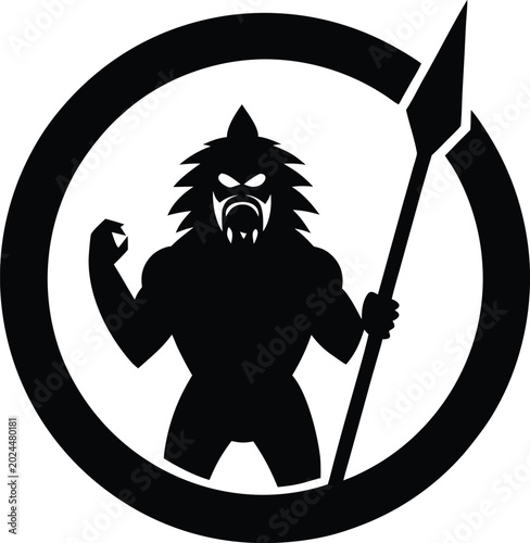 Foto Black silhouette of a werewolf holding a spear in a circle