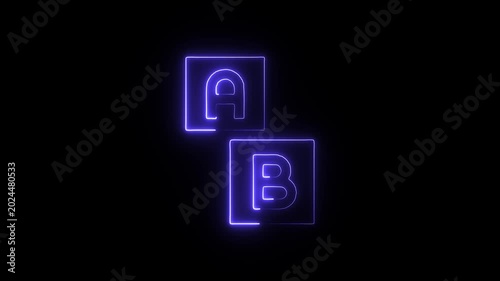 Neon blue letters a and b in glowing squares on black background