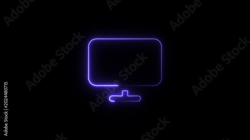 Neon blue computer monitor icon on black background with glowing outline
