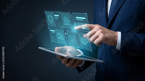 Business professional interacting with futuristic holographic interface on digital tablet, showcasing advanced data security, financial protection, and innovative technology solutions