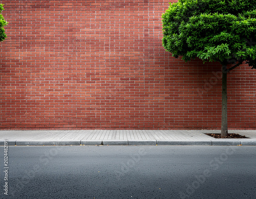 A vibrant red brick wall stands adjacent to a paved sidewalk and a quiet asphalt road, with a neatly trimmed green tree adding a touch of nature to the urban scene.