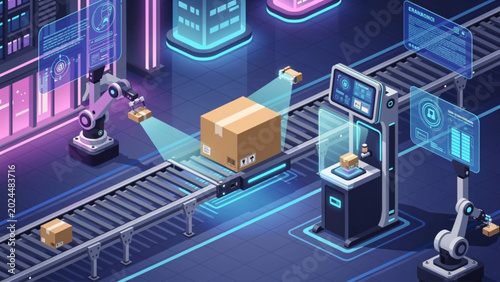 Photography Futuristic robotic factory with conveyor belt, automated sorting and digital dis