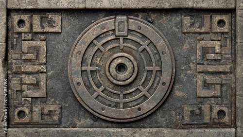 Fotografie Close-up of ancient circular metal lock with geometric patterns on stone surface