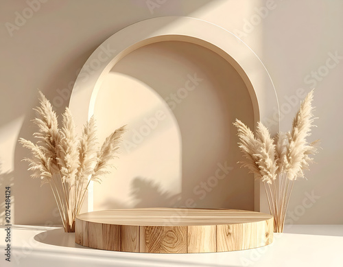 Boho Arch Display Stand with Pampas Grass and Natural Light.