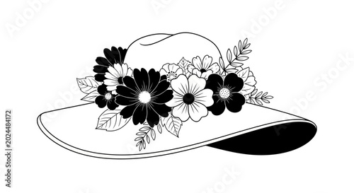 Slika na platnu hat with floral decoration black and white line art silhouette