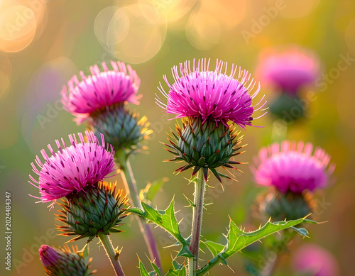 Close-up of Blooming Thistle Flowers in Golden Hour Sunlight.