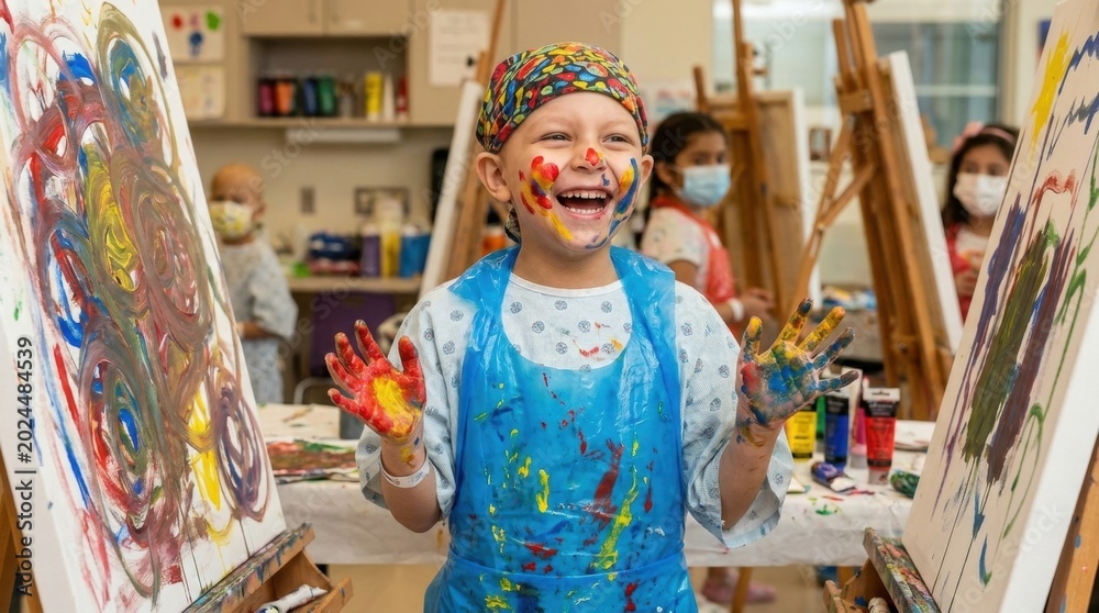 Naklejka premium A young boy with cancer covered in paint, laughing joyfully while finger-painting on a canvas during an art therapy session.