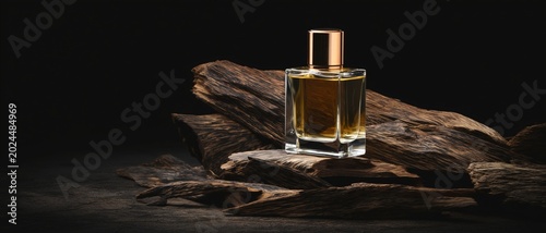 Luxurious oud perfume bottle displayed on dark, textured wood pieces