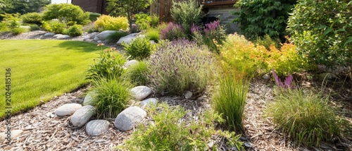 Lush native plant garden with mulch and stones replaces traditional lawn