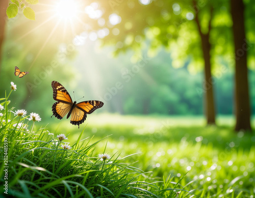 Sunlight filters through lush greenery as vibrant butterflies gracefully flutter above a field of delicate wildflowers, creating a serene and enchanting scene.