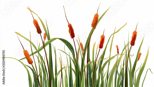 Fotografie Close-up of vibrant orange cattails with green stems on white background for nat
