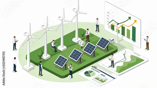 Tableau sur toile Renewable energy concept: wind turbines, solar panels, and business growth chart