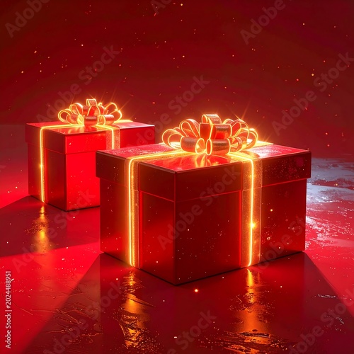 Set of A glowing gift box on a vibrant red surface, highlighting festive details on transparent png background.