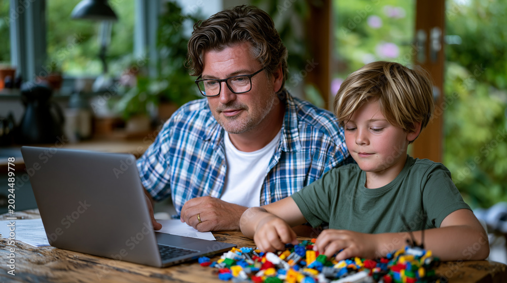 Obraz premium Father and son workation scene at a rustic kitchen table, dad answering emails while son arranges LEGO bricks beside the laptop, summer garden visible through open doors, ideal for remote work famil