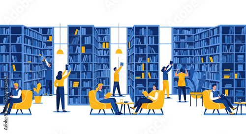 Modern Library Interior with People Reading Books and Studying