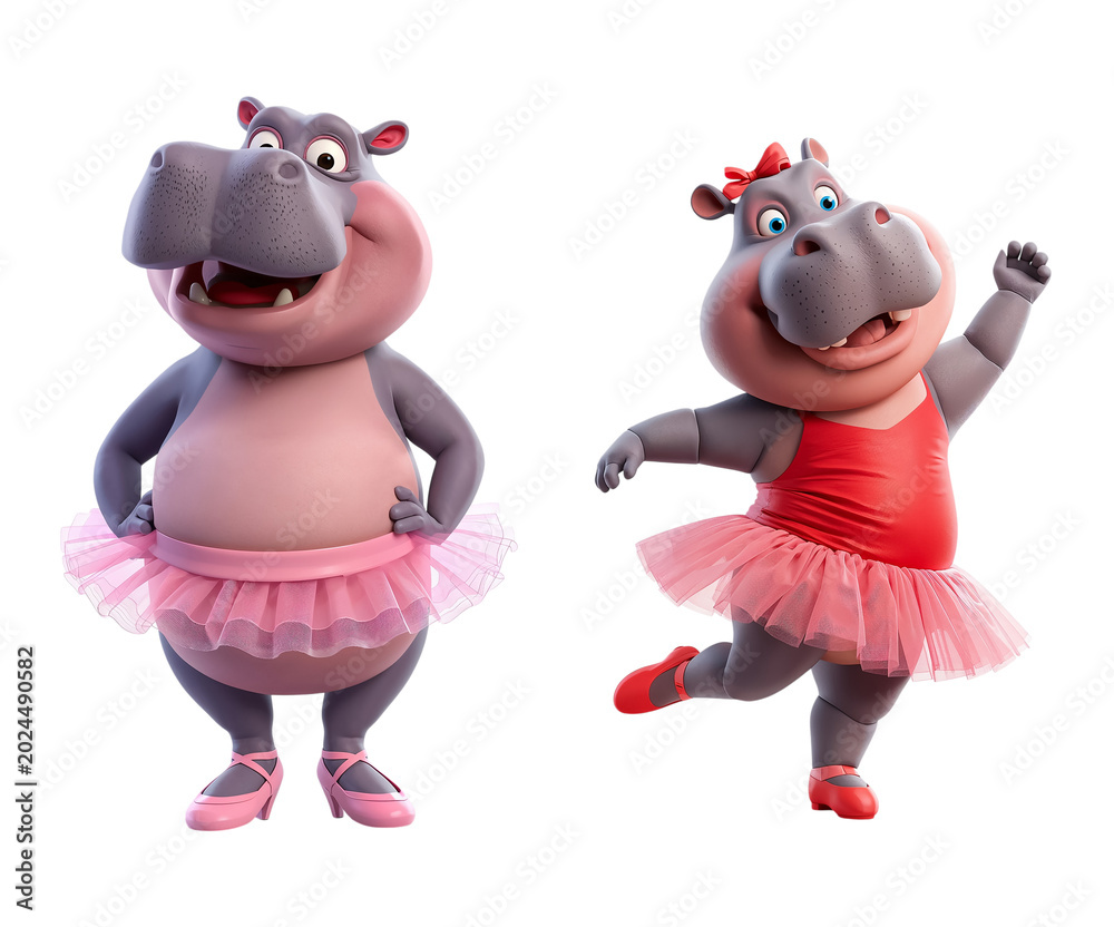 Fototapeta premium Cute funny cartoon hippo ballerina isolated on transparent background