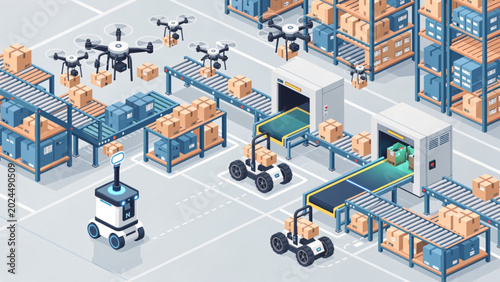 Quadro em tela Automated warehouse with drones, robots, and conveyor belts for logistics